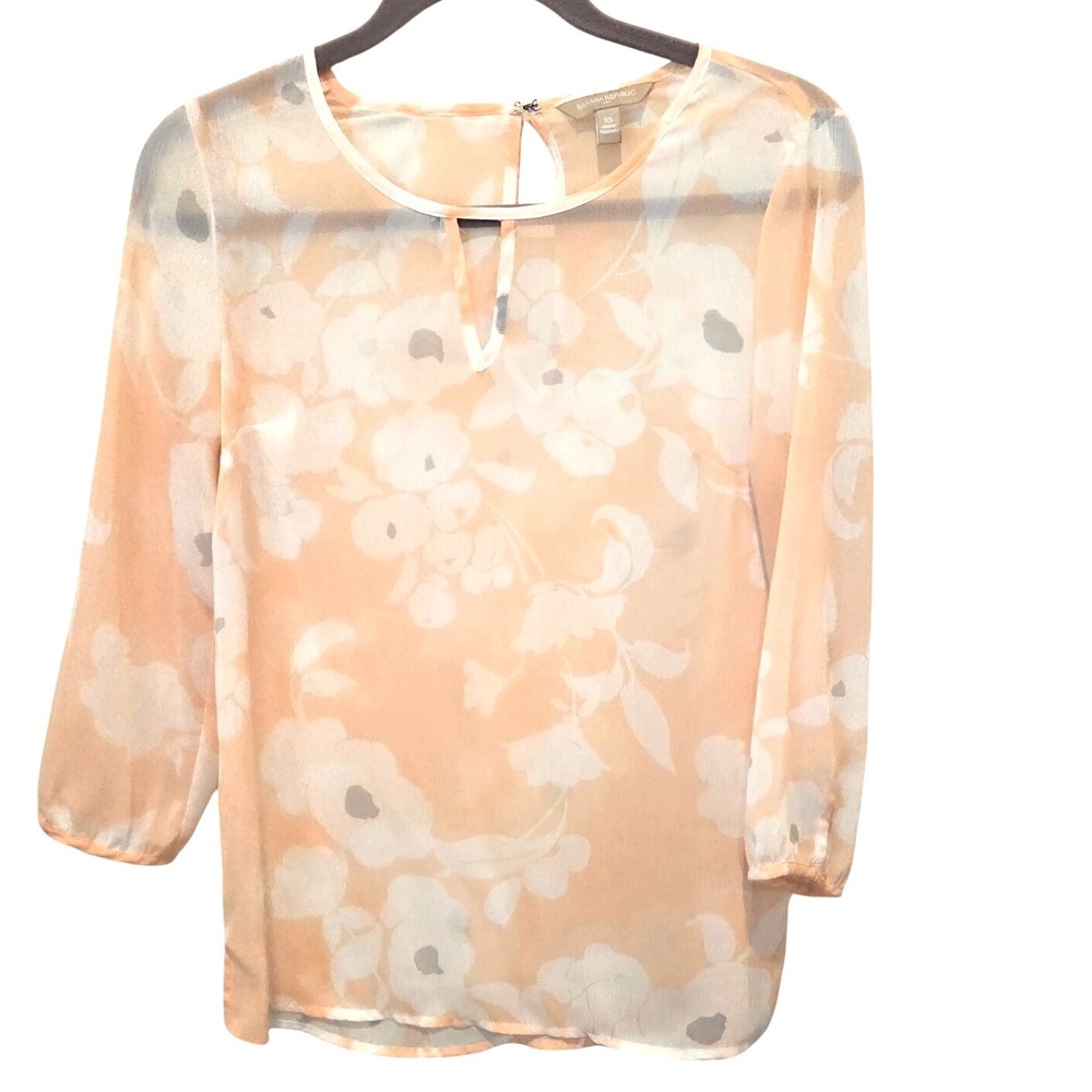 Banana Republic Floral Blouse Peach White XS Keyhole 3/4 Sleeve‎ Top Women